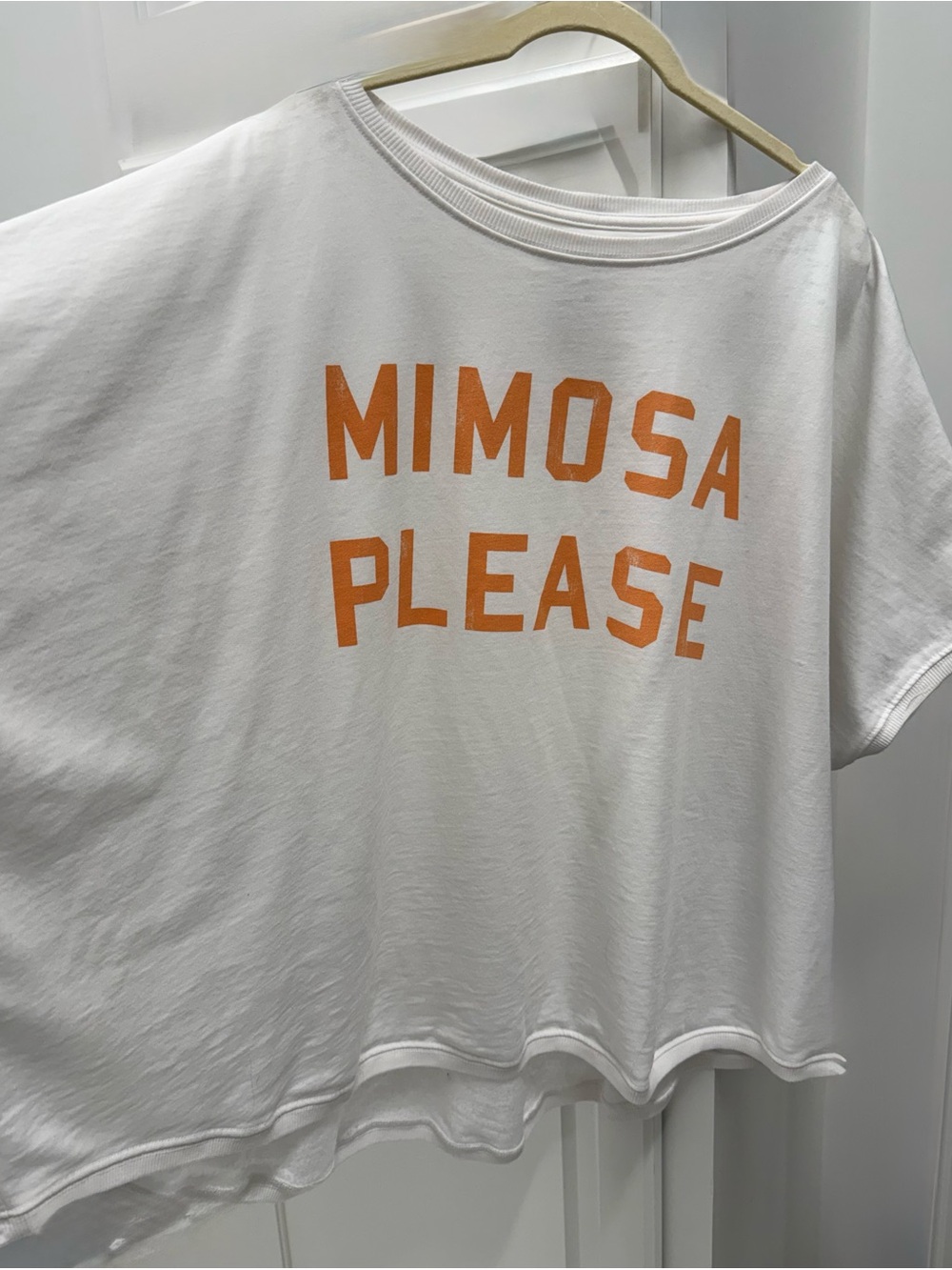 Recycled Karma White Tee with Orange 'Mimosa Please' Graphic